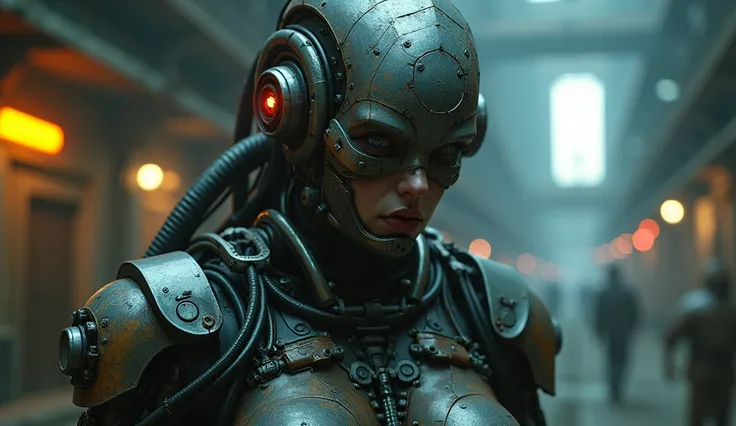 Top Quality, Masterpiece, Ultra High Resolution, ((Photorealistic: 1.4), Raw Photo,  Glossy Skin, 1 cyborg woman, warhammer 40k sister Repentia, warhammer, 40k, warhammer 40k armor , (Ultra Realistic Details)), mechanical limbs, tubes connected to the mech...