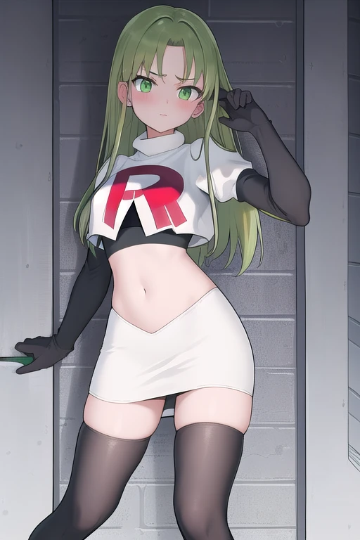 masterpiece, best quality, 1girl, solo, looking at viewer, blush, sitri, green eyes,green hair,team rocket,team rocket uniform,white skirt,red letter R,crop top,black thigh-highs,black elbow gloves