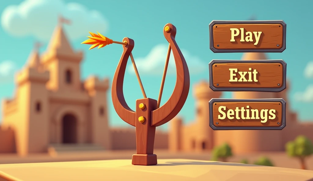 A user interface for a game with a resolution about a slingshot and the castles into which it throws projectiles. 3d shapes in low poly style. The buttons - Play, Exit, Settings - are in wooden colors with a metal frame.  