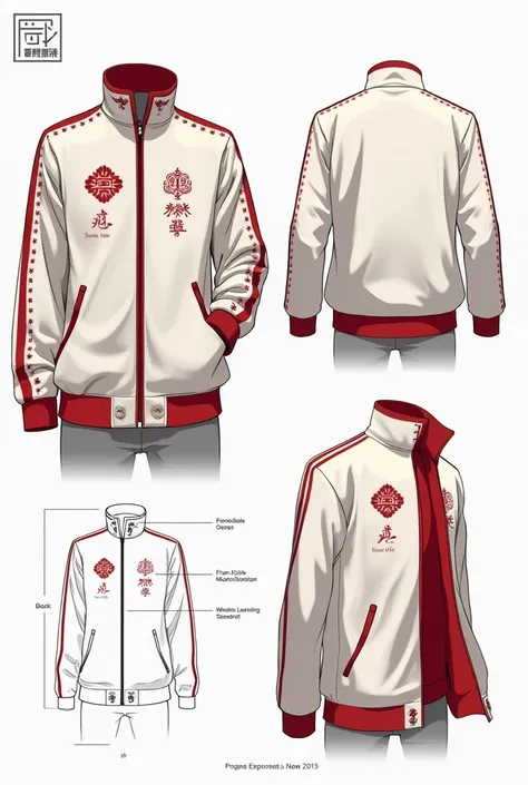 Fashion product design sheet, a white and red track jacket with China style 
, front and back angle design, labelled diagram, 