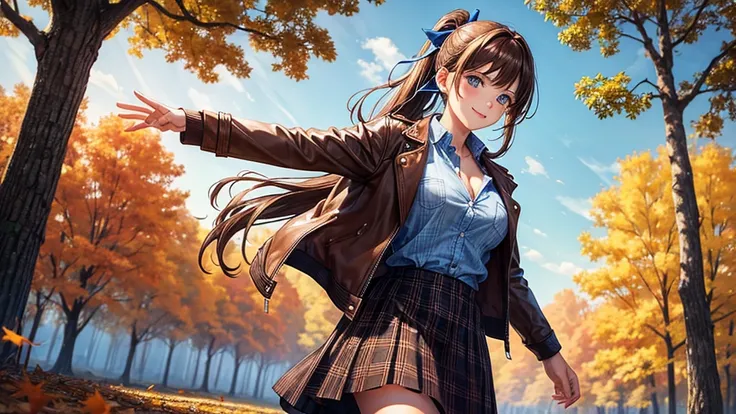 1girl, solo, trees, sun, clouds, autumn, colorful trees, falling leaves, ((brown hair)), ponytail, large breasts, ((brown leather jacket)), button down shirt, ((blue checked shirt)), ((unbuttoned shirt)), unbuttoning buttons, cleavage 1:3, blue eyes, long ...