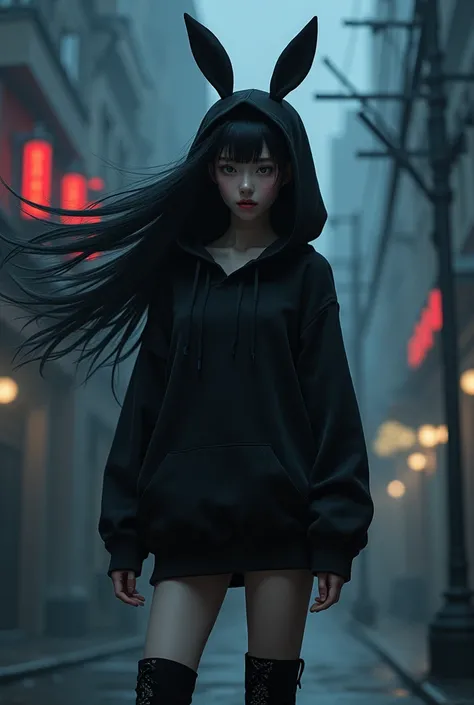 1 girl、masterpiece, highest quality, very detailed、black hair、long hair without bangs、Shiny flowing hair、black eyes、Tree eyes、black colored hoodie with bunny ears, black skirt、black thigh high tall boots with heel、diagonal angle、midnight、Background of the ...