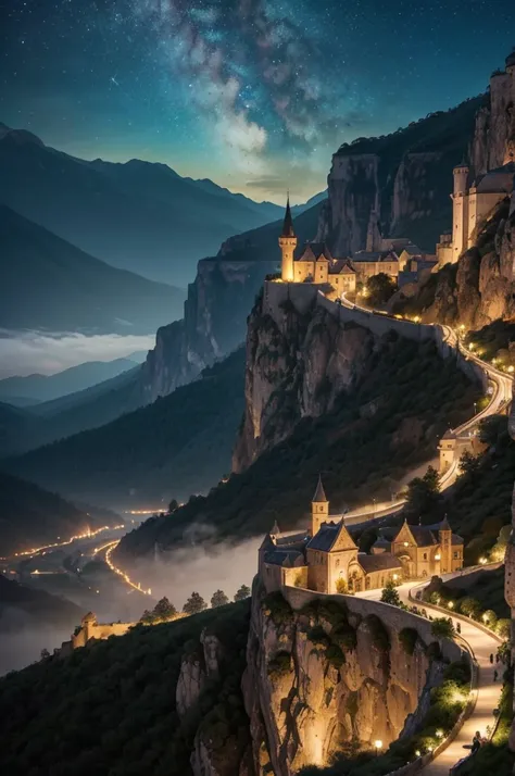 a white shinning village with a large south facing wall, miraculous ivory limestone towers ascend to the top of the valley, torchlight illuminating the night sky, lights of emerald sands sweep across the land, emerald sand falling on the village like show ...