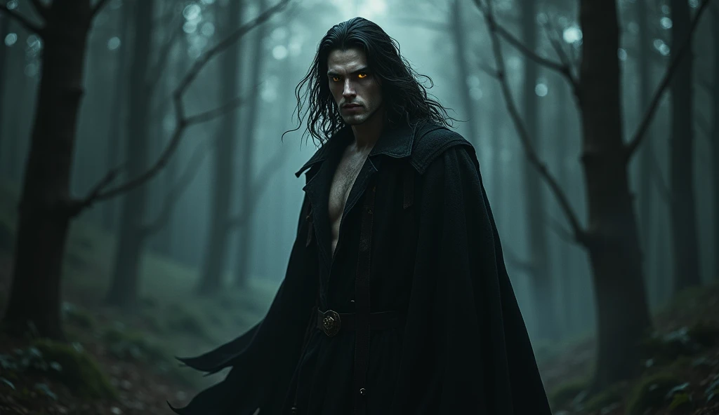 beautiful white man, with black hair, bright yellow look, that stands out in the darkness of the forest, with a muscular and strong body, wearing a black cape, with chewed and square jaws, profile image, he is partially surrounded by total darkness, you ca...