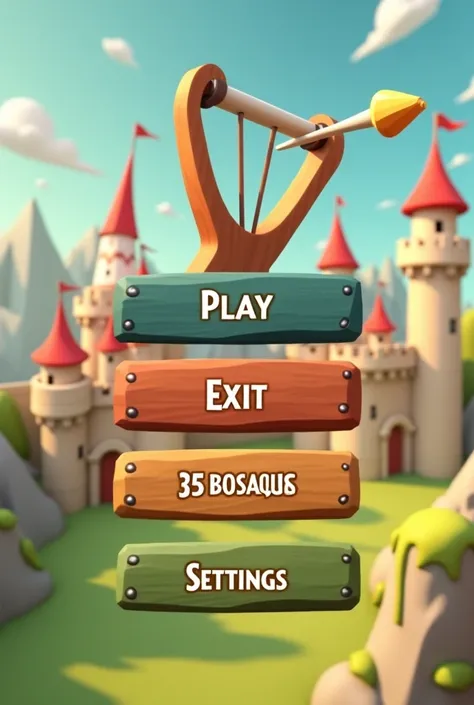 The user interface for the game is about a slingshot and the castles into which it throws projectiles. 3d shapes in low poly style. The buttons - Play, Exit, Settings - are in wooden colors with a metal frame.  A slingshot in the process of launching a pro...