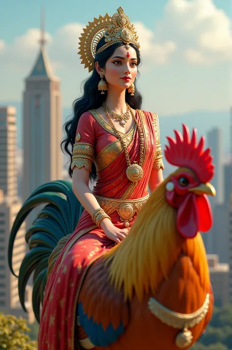 A goddess sitting on a rooster and the background should be of a big city and that goddess should be fully saree and full blouse costume 3D