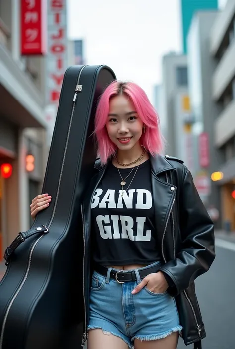 Poster layout for adult video, with text on screen: "BAND GIRL Shocking AV DEBUT!!", (((Japanese woman carrying a large black guitar case))), 26 year old adult woman wearing a black crew neck top with large English letters on her chest and short blue jeans...