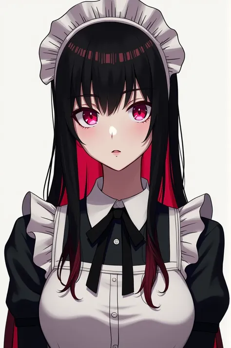 Adult Drawing, black hair with red tips, pink eyes,Maid, with a bored look,Estilo de Ellen De Zeneless Zone Zero, Without any accessories in her hair