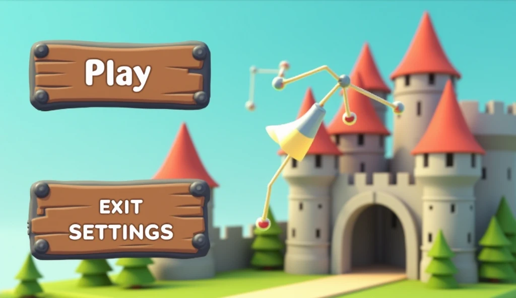 The user interface for the game is about a slingshot and the castles into which it throws projectiles. 3d shapes in low poly style. The buttons - Play, Exit, Settings - are in wooden colors with a metal frame.  A slingshot in the process of launching a pro...