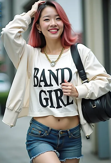 Poster layout for adult video, with text on screen: "BAND GIRL Shocking AV DEBUT!!", (((Japanese woman carrying a large black guitar case))), 26 year old adult woman wearing a black crew neck top with large English letters on her chest and short blue jeans...