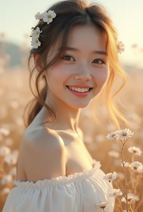 Best quality, masterpiece, ultra high res, (photorealistic:1.4), raw photo, 1girl, white dress, off shoulder, blossom flower field, glowing skin, light smile