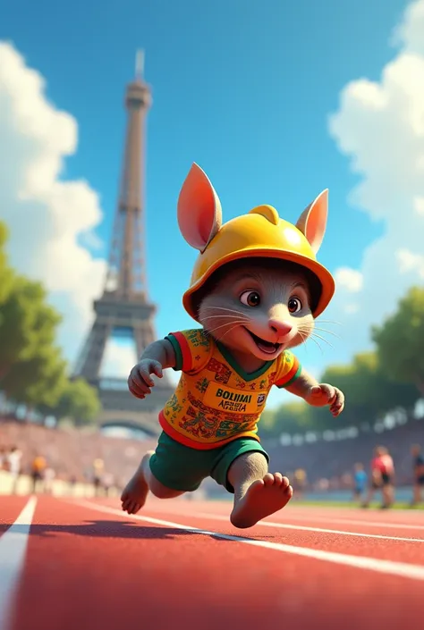 An animated armadillo wearing a Bolivian t-shirt,with a miner&#39;s helmet on his head and running athletics Paris 2024