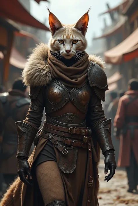 A female Khajiit,  heavy armor, furry , medieval market scene 