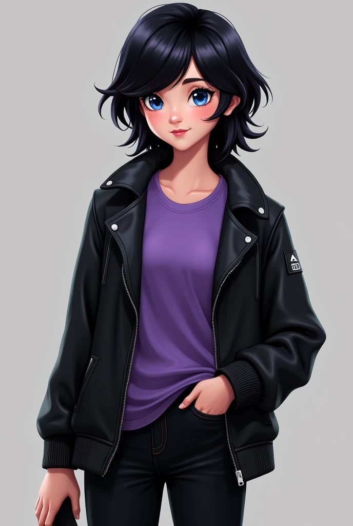 A new character from Miraculous Ladybug with black hair, blue eyes, a purple t-shirt, a black jacket, black jeans, and a wallet.