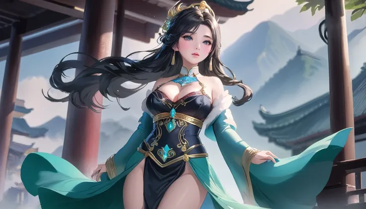 high quality,HD,16K,Sharp Line,1 Girl,fantasy, （Fire Spirits）,Pretty Face, Large Breasts, Beautiful legs,In the mountains,Focus Girl,detailed Pretty Face,Detailed clothes,beautiful eyes,Cool,Sexy,Dynamic Angle,穿着华服的神明Strike a pose拍照, Ancient mysterious sex...