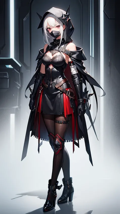 The girl is bandaged, leather gloves, shoes and shoulder pads, dark hood, mask with gears