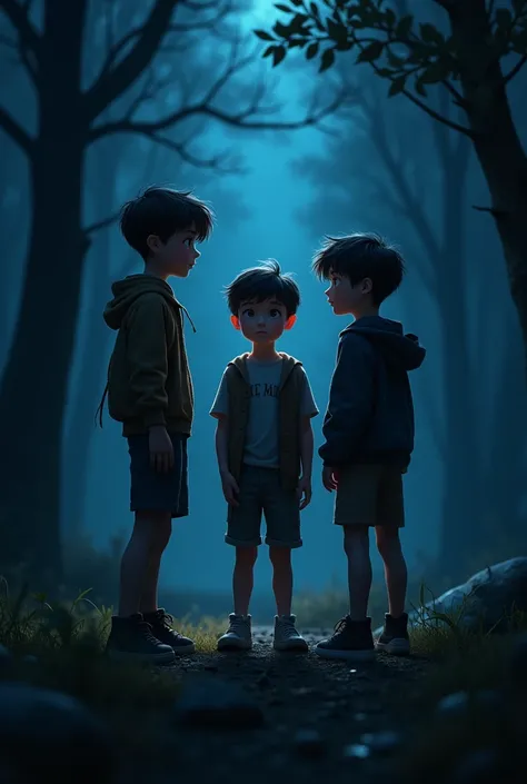 
Three boys stand in night 
