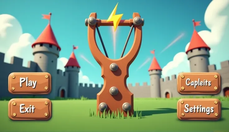 The user interface for the game is about a slingshot and the castles into which it throws projectiles. 3d shapes in low poly style. The buttons - Play, Exit, Settings - are in wooden colors with a metal frame.  A slingshot in the process of launching a pro...