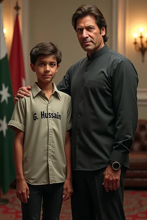 A boy shirt name G hussain stand with x prime minister imran khan