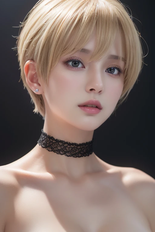 (Highest quality、4K、8k、High resolution、masterpiece:1.2)、Very detailed、(Genuine、Realistic、Realistic:1.3)、Blonde、Pixie Cut、Black choker、((Completely naked))、Standing deep breathing