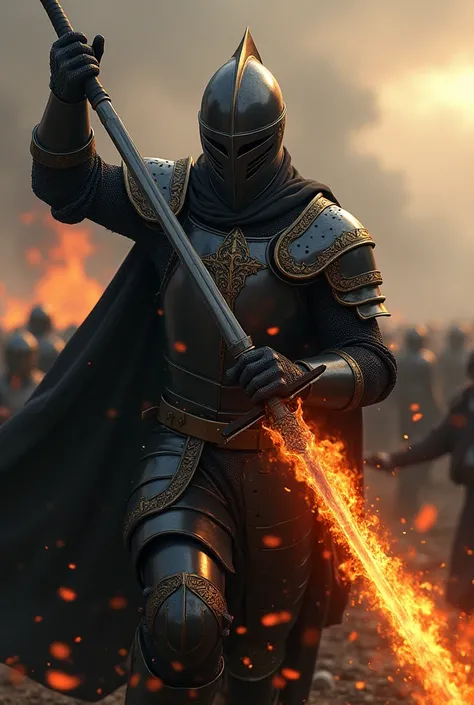 A medieval knight in shining black armor with a flaming sword fighting with 