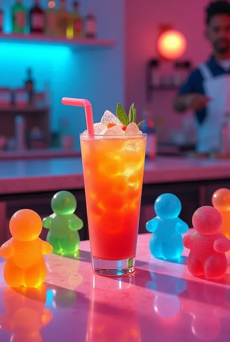 Liquor slush on a very colorful bartender bar with urban ice gummies