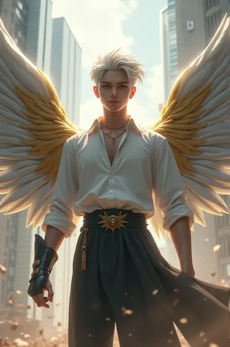 A 17 years young boy stand , clear and white skin, boy wear clothes like God, good and stylish hair style, wings in back of shirt of, oy looking  camera, boy hold magical gloves of thano in one hand, boy destroying large buildings in background, boy hold m...