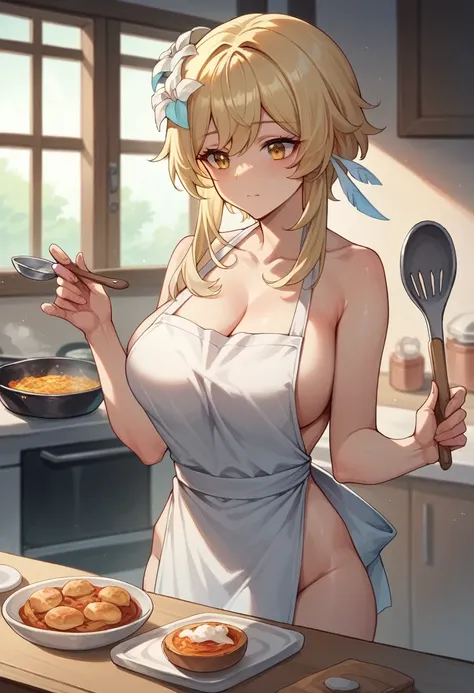 1 girl, Lumine, Genshin Impact, large breasts, cooking, naked, apron