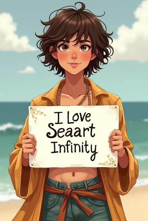 Beautiful boy with wavy long hair, bohemian dress, holding a white board with text "I Love Seaart Infinity" and showing it to the viewer