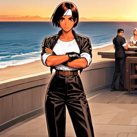 One person,woman,short hair,Dark Skin,Red eyes,（Black jacket with rolled up sleeves）,Fingerless gloves,White T-shirt, （White headband on forehead）,Black pants,White shoes,Brown belt,cute,Indoor person,Charm Points,Ocean View,Slightly large breasts,Outdoor,...