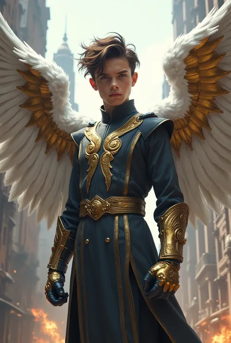 A 17 years young boy stand , clear and white skin, boy wear clothes like God, good and stylish hair style, wings in back of shirt of, oy looking  camera, boy hold magical gloves of thano in one hand, boy destroying large buildings in background, boy hold m...