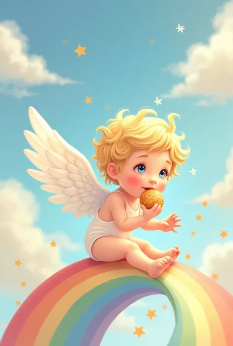 Draw a picture of a cute little angel eating while sliding down a rainbow, dont make the angel chubby