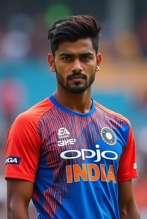 22 years brown Indian boy wearing Indian cricket jersey that number are 18 name on jersey is vijay in front 