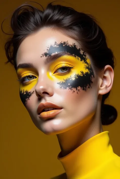 Create an editorial makeup look with yellow and black pigments with yet elegance, with creative lines that are worthy of winning a prize 