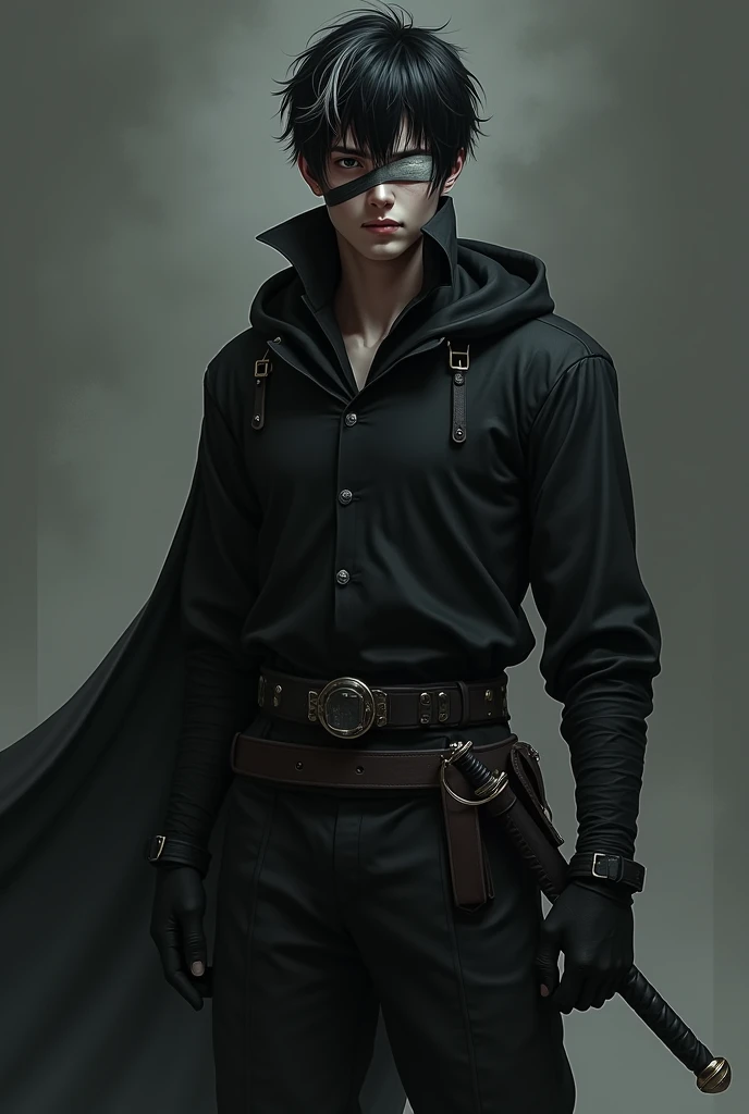 Young man, short black hair with some white hair, bandage covering the left evil eye, wearing black long sleeve shirt, black pants, black gloves, black long hooded, sword on left hip, right side bag.