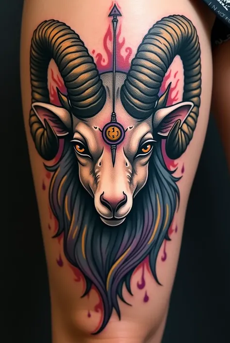 Make me a female tattoo that will be on the thigh with the following information : female ram head , the horns in Capricorn and between the two eyes the symbol of Sagittarius 