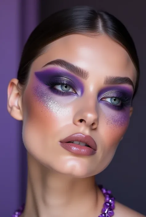 Create an editorial makeup look with purple glitter pigments and creative faded lines that is worthy of winning an award 