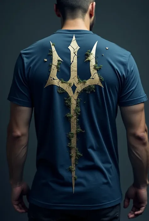 Design a trident on the back of a dark blue t-shirt, Make the trident cracked but not pierced, in the same way that the structure is thicker, that the trident has like moss 