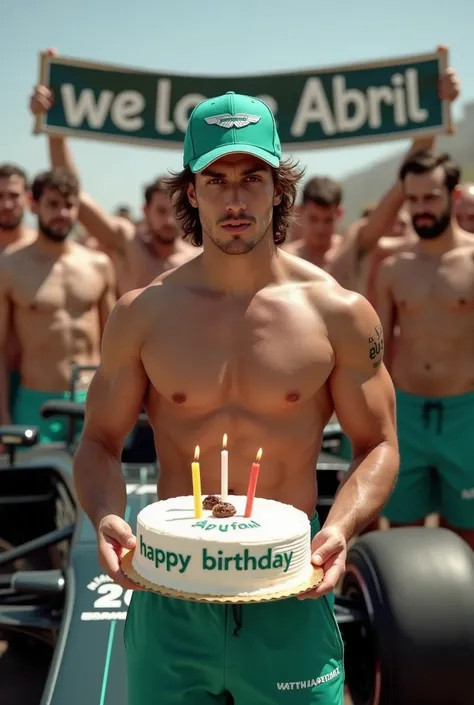 a muscular man without a shirt, with slightly long hair, hazel eyes, a marked jaw wearing the cap and pants of the Aston Martin F1 team of the year 2023 offering a birthday cake with the name "happy birthday April" on the cake looking seductively at the ca...