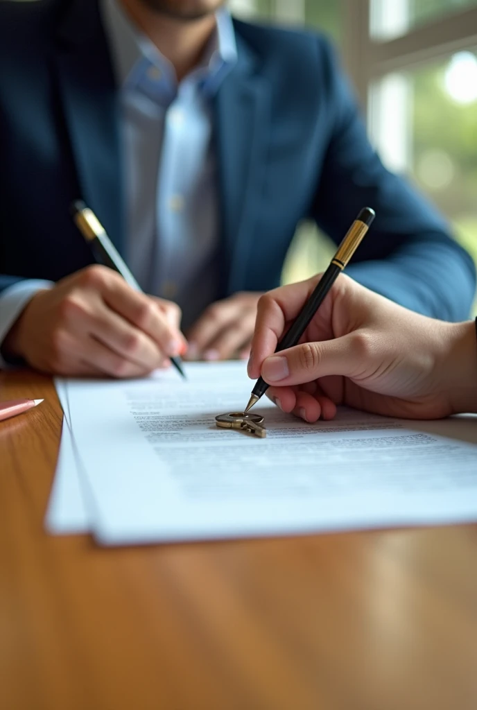 
an office desk with a key and a person signing papers representing the opening of a new company