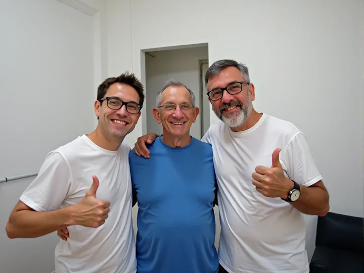 photo of an old man in blue t-shirt with two mens wearing white t-shirt, smiling and giving thumbs up to the c mera, no glasses, the room is white. Use iPhone camera, illustration styl, no glasses