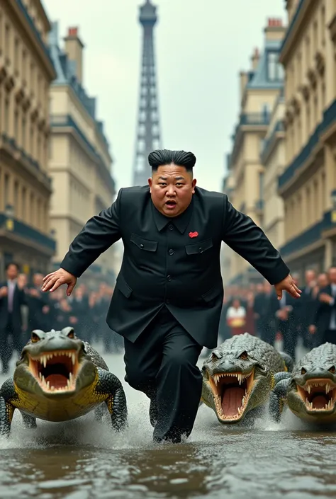 Kim Jong Un being chased by crocodiles in Paris