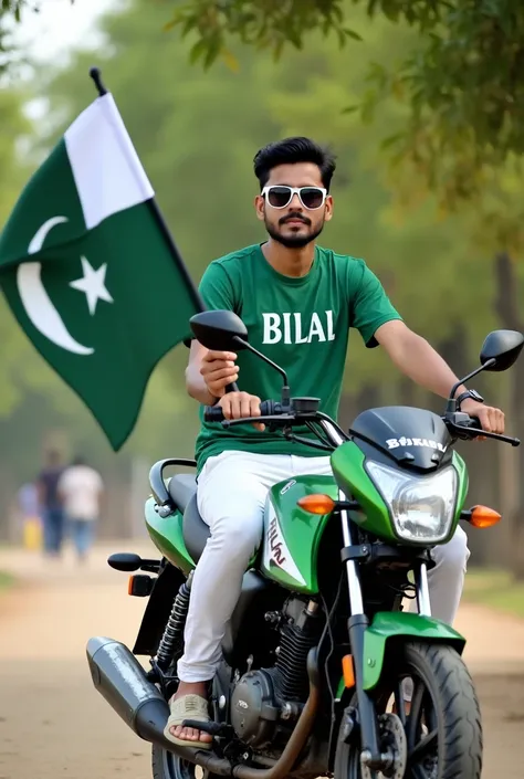 Create a real-life image: a park in Pakistan on 14 August, decorated for Independence Day. A young man sits on a green and white 125 Honda bike, holding a 14 August Pakistan flag in one hand. Hes dressed in a green shirt with "BILAL" in white, white pants,...