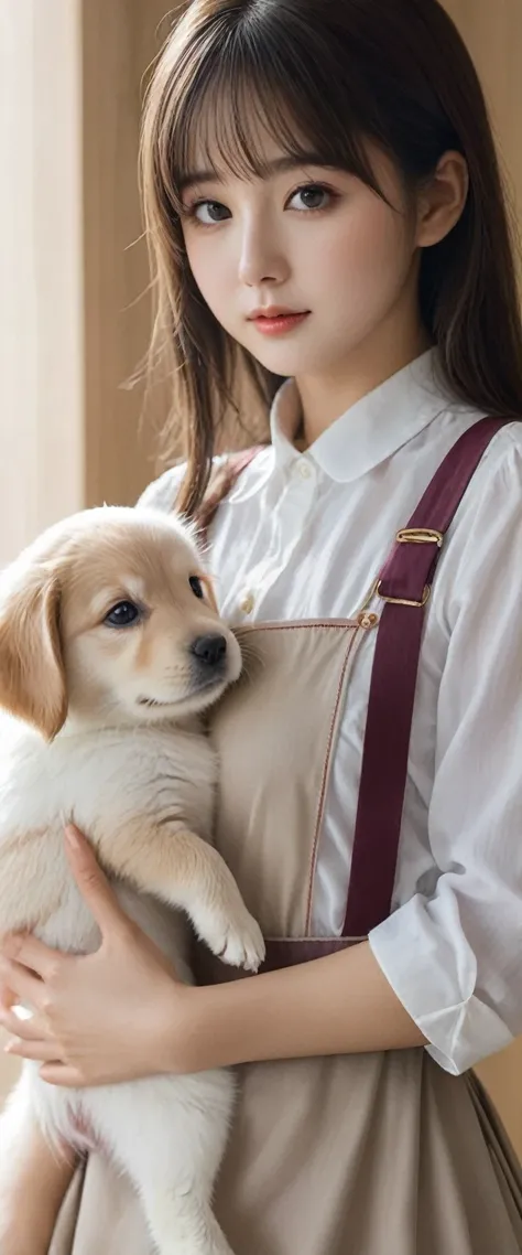 ((nsfw)),(8k, RAW photo, best quality, masterpiece),High detail RAW color photo, professional photograph,(realistic, photo realistic), (best quality),((a girl and a little baby dog of Golden Retriever)),((the girl is a very beautiful and very cute maid)),(...