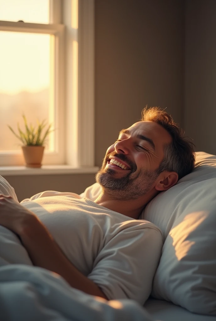 Man wake up from sleep and smile 