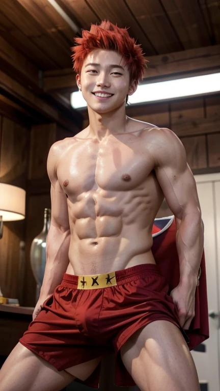 Japanese men、15 years old、Well-developed muscles and smooth skin、Spiky red hair、Yellow Boxer Briefs、Fearless smile、Masculine pose、You can see the whole body from head to toe、Hero Academy