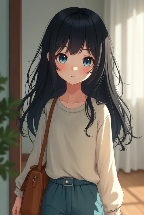 White skinned girl with black hair and blue eyes, Comfortable clothes and a small bag full body 