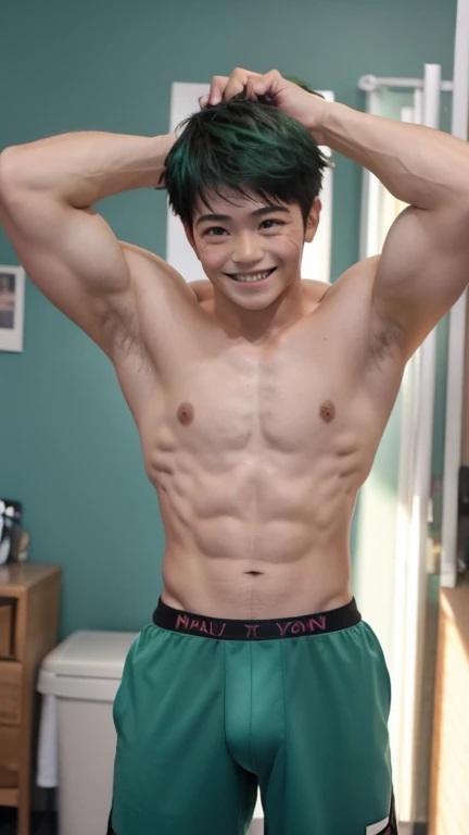 Japanese men、15 years old、Well-developed muscles and smooth skin、Fluffy green hair、Boxer briefs、You can see the whole body from head to toe、Smiling softly