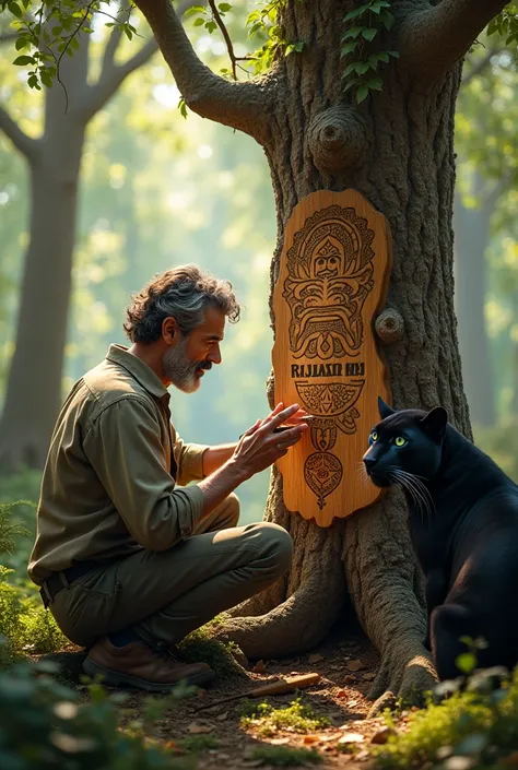 A man with his hand tools  carving a live tree he carved on that tree which is name of " RAJLAXMI MY DOOR " location is beautiful forest and one black panther sitting beside him which is sky blue eyed