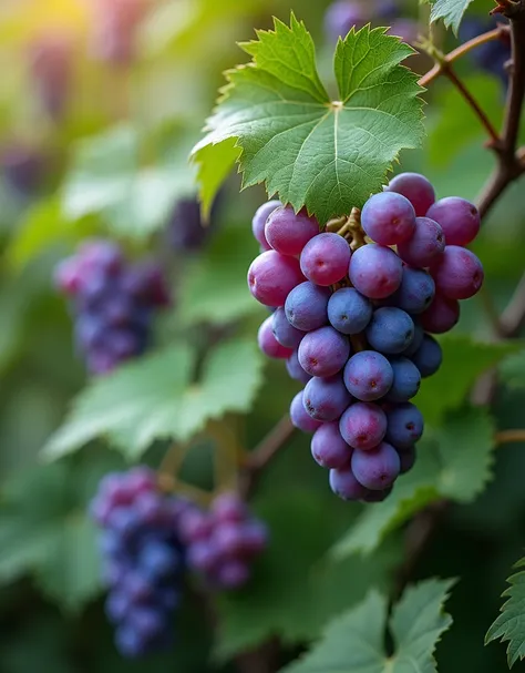 a stunning garden with violet grapes in the middle, contrast image
